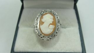 Antique.  925 Sterling Silver Carved Shell Cameo Ring Filigree Mounting S7 & 3.  6g