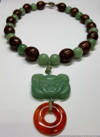 Antique Chinese Late Qing Dynasty Celadon Quartz & Wooden Beaded Amulet Necklace