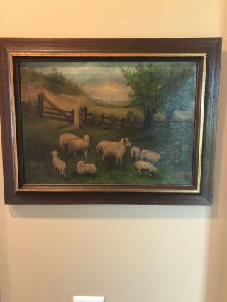 Antique Early Framed & Signed Oil On Canvas Farm Scene Wsheep