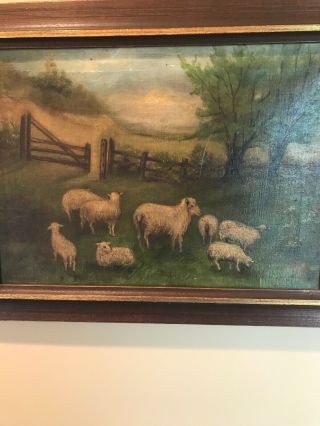 Antique Early Framed & Signed Oil On Canvas Farm Scene wSheep 2