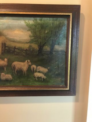 Antique Early Framed & Signed Oil On Canvas Farm Scene wSheep 3