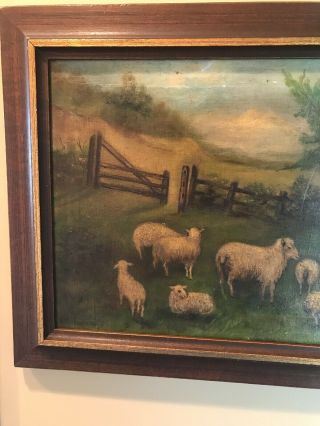 Antique Early Framed & Signed Oil On Canvas Farm Scene wSheep 4