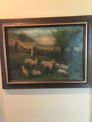 Antique Early Framed & Signed Oil On Canvas Farm Scene wSheep 5