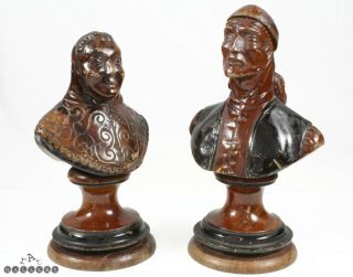 19th Century Italian Naples / Sorrento Carved Olivewood Peasant Busts
