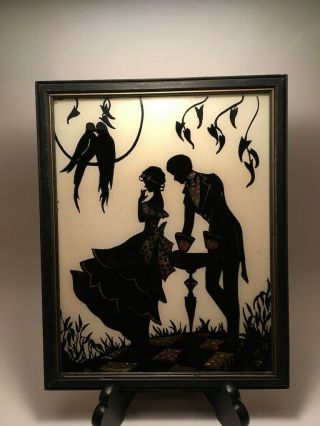 Vintage Framed Reverse Painted Foil Silhouette Couple And Love Birds