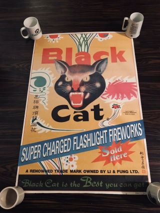 Vintage Rare 1970s Black Cat Fireworks Poster Hong Kong Li & Fung July Yellow