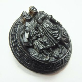 Antique Victorian Large Carved Black High Relief Cameo Couple Mourning Brooch