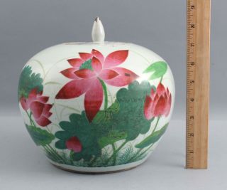 Large Antique Chinese Lotus Flower Export Porcelain Ginger Jar,  Calligraphy Poem