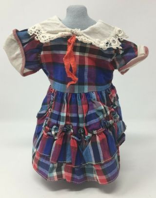 Vintage Doll Dress Clothing 7 1/2 " Long Plaid With White Collar & Ruffle