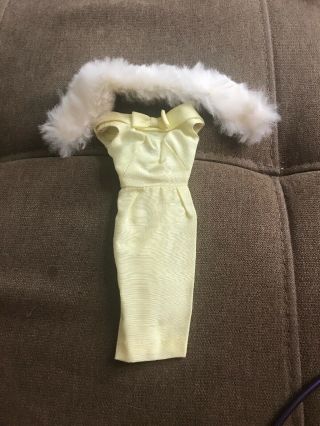 Vintage Barbie Light Yellow Silk Sheath Dress W/ White Fur Stole