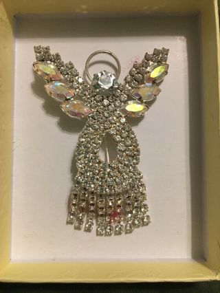 Antique Vintage Silver Tone Metal & Rhinestone Angel With Halo Pin/brooch Large