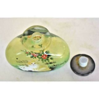 Vintage Reverse Painted Cats Chinese Glass Snuff Bottle W/quartz Gemstone Top