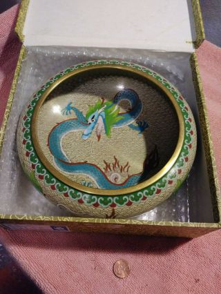 Vintage Chinese Cloisonne Blue Dragon Low Bowl Box