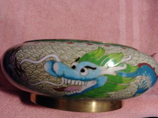 Vintage Chinese Cloisonne Blue Dragon Low Bowl box 6