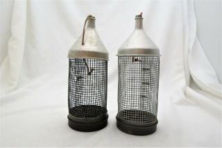 2 Vintage Tube Bottle Shape Wire Cricket Bait Boxes Cages With Corks
