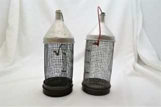 2 Vintage Tube Bottle Shape Wire Cricket Bait Boxes Cages With Corks 2