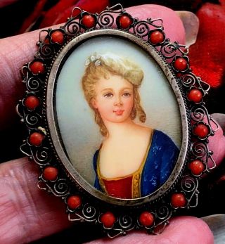Antique 800 Silver Hand Painted Portrait Cameo Brooch Pendant France? Denmark?