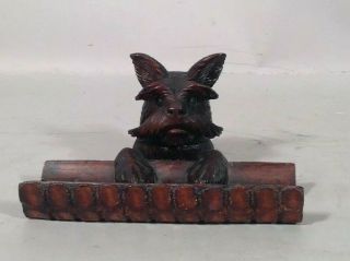 Antique Well Carved Wood Black Forest Terrier Dog On Log Inkwell Very Cute