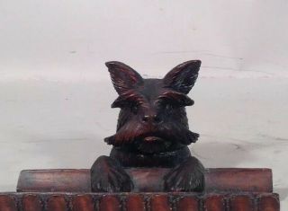 Antique Well Carved Wood BLACK FOREST Terrier Dog on Log INKWELL Very Cute 2