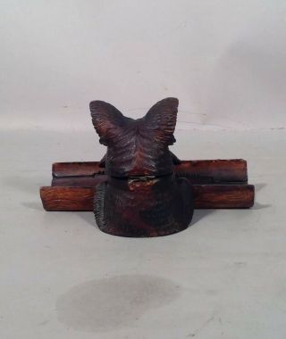 Antique Well Carved Wood BLACK FOREST Terrier Dog on Log INKWELL Very Cute 5