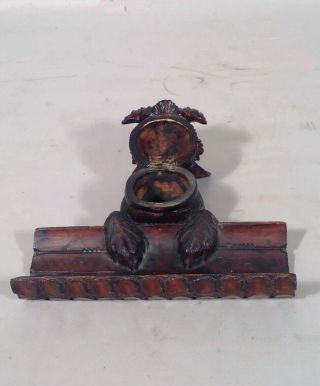 Antique Well Carved Wood BLACK FOREST Terrier Dog on Log INKWELL Very Cute 6
