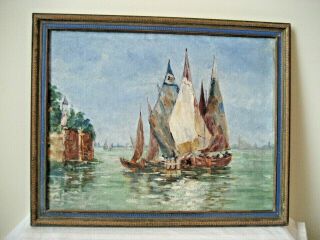 Antique Venice Fishing Boats Oil Painting On Wood Panel Signed Wg Or Wc ?