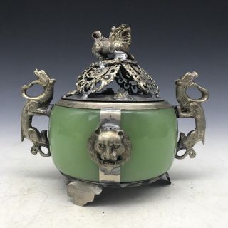 Vintage Old China Jade Tibet - Silver Incense Burner Handwork Armored Dragon Lion
