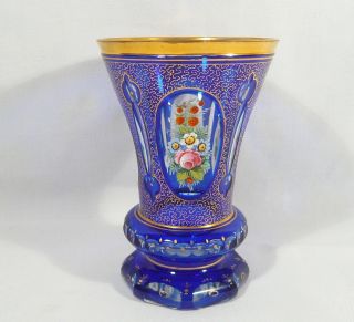 Antique Bohemian Moser Cut To Clear Cobalt Blue Enamelled Floral Windows Vase