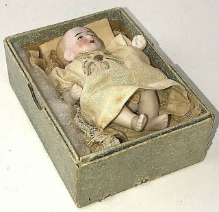 Antique German Bisque 3 " Baby Doll In Clothes & Note Made On Owner 