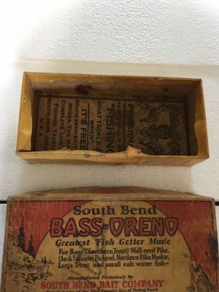 Vintage South Bend BASS - ORENO 3 - 3/4” Wood w/ Glass Eyes And Box 3