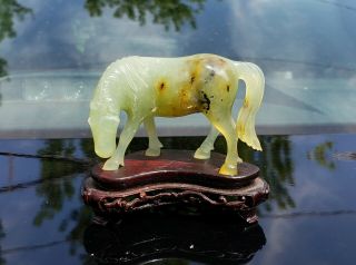 Vintage Chinese Carved Jade Hardstone Horse On Fitted Carved Wood Stand