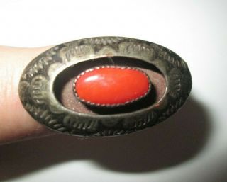 Antique Southwest Native American Silver And Coral? Ring Stamped Rcy