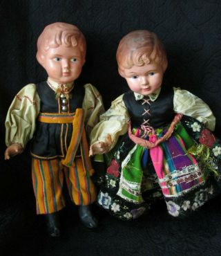 Vintage Celluloid Boy And Girl Doll Poland ? Traditional Dress 16 " Pair