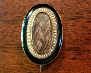 Antique Victorian Gold,  Pearl & Enamel Mourning Brooch