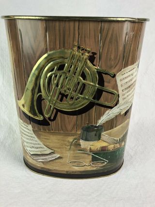 Vintage Weibro Corp Metal Trash Can Waste Paper Basket Musci French Horn Books