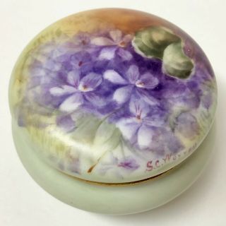 Antique T & V Limoges Hand Painted Powder Jar Violet Purple Flower Dresser Box
