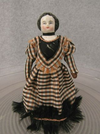 5 " Antique German China Shoulder Head Doll W Leather Hands Dollhouse Size Doll