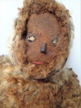 10 " Antique Cloth Eskimo Doll Native Inuit Real Fur Leather Hands Suede Face