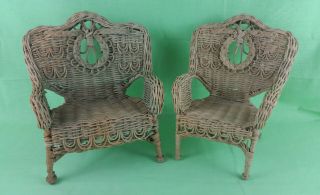 Vintage Wicker Doll Furniture Set / Chair And Settee / Wicker Weave