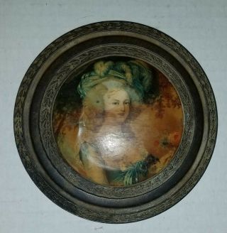 Antique Victorian Round Mirror W/portrait Of 18th? Century Woman In Gorgeous Hat