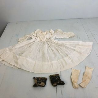 Antique Doll Dress & Shoes For Porcelain Doll White Lawn Dress With Tucks