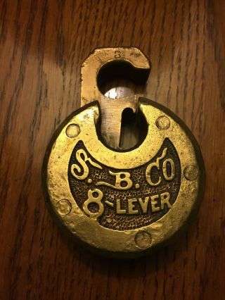 Antique S.  B.  Co,  8 - Lever,  Push Key,  Solid Brass Padlock,  Model 220,  Circa 1900