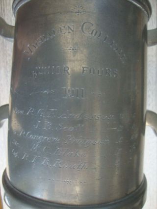 Antique 1911 Pewter Rowing Tankard /Trophy Magdalen College Junior Fours 4