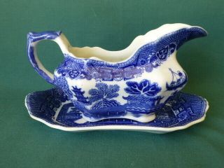 Antique Allertons Blue Willow Gravy Boat With Underplate