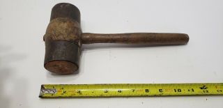 ANTIQUE PRIMITIVE VINTAGE WOOD MALLET HAMMER With IRON RINGS 2