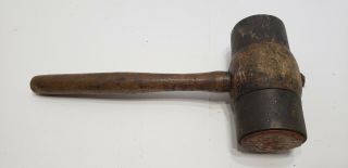 ANTIQUE PRIMITIVE VINTAGE WOOD MALLET HAMMER With IRON RINGS 3