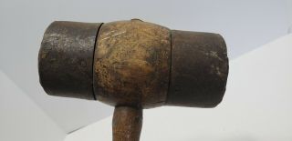 ANTIQUE PRIMITIVE VINTAGE WOOD MALLET HAMMER With IRON RINGS 7
