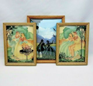 Vintage Set Silhouette Pictures Convex Glass Reverse Painted Wood Frames