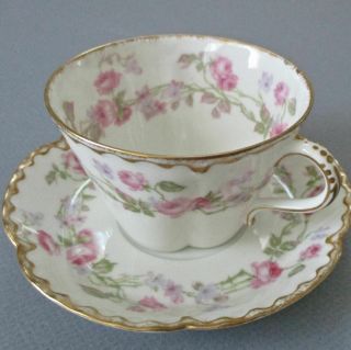 Antique Haviland Porcelain Cup & Saucer Roses,  Violets Schleiger 87 Double Gold