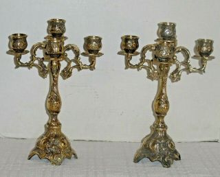 2 Vintage Gilt Metal Brass 5 Light Candelabras Hollywood Regency